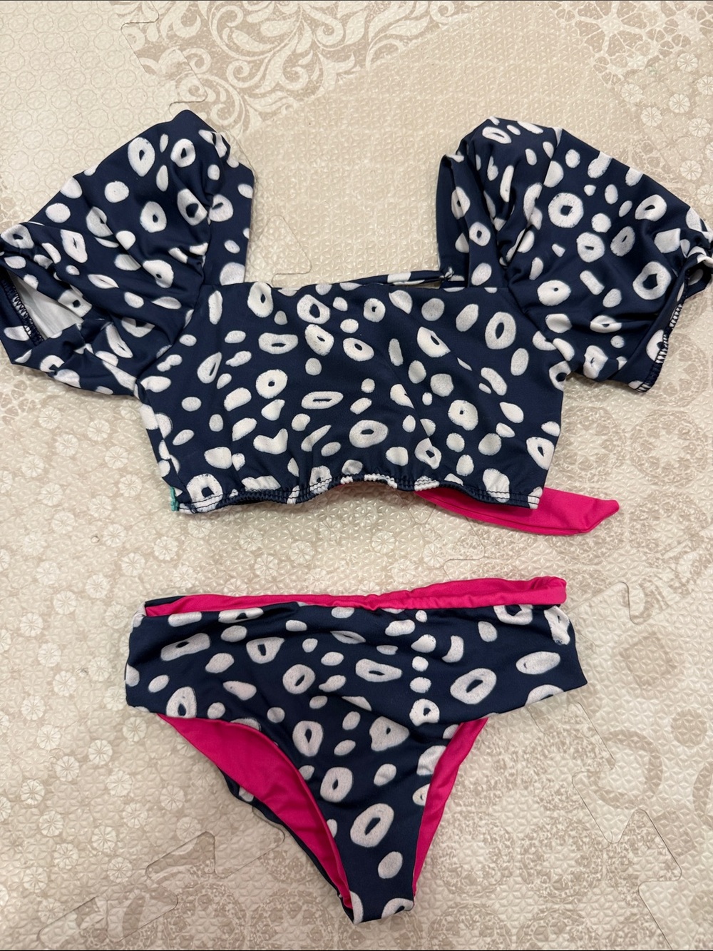 Girls Navy & Pink Puff-Sleeve Two-Piece Swim Set